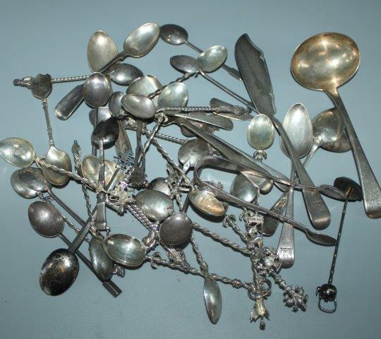 A quantity of assorted English and continental flatware including GIII sauce ladle and George IV Irish sugar shovel